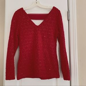 Red sequin v-neck sweater